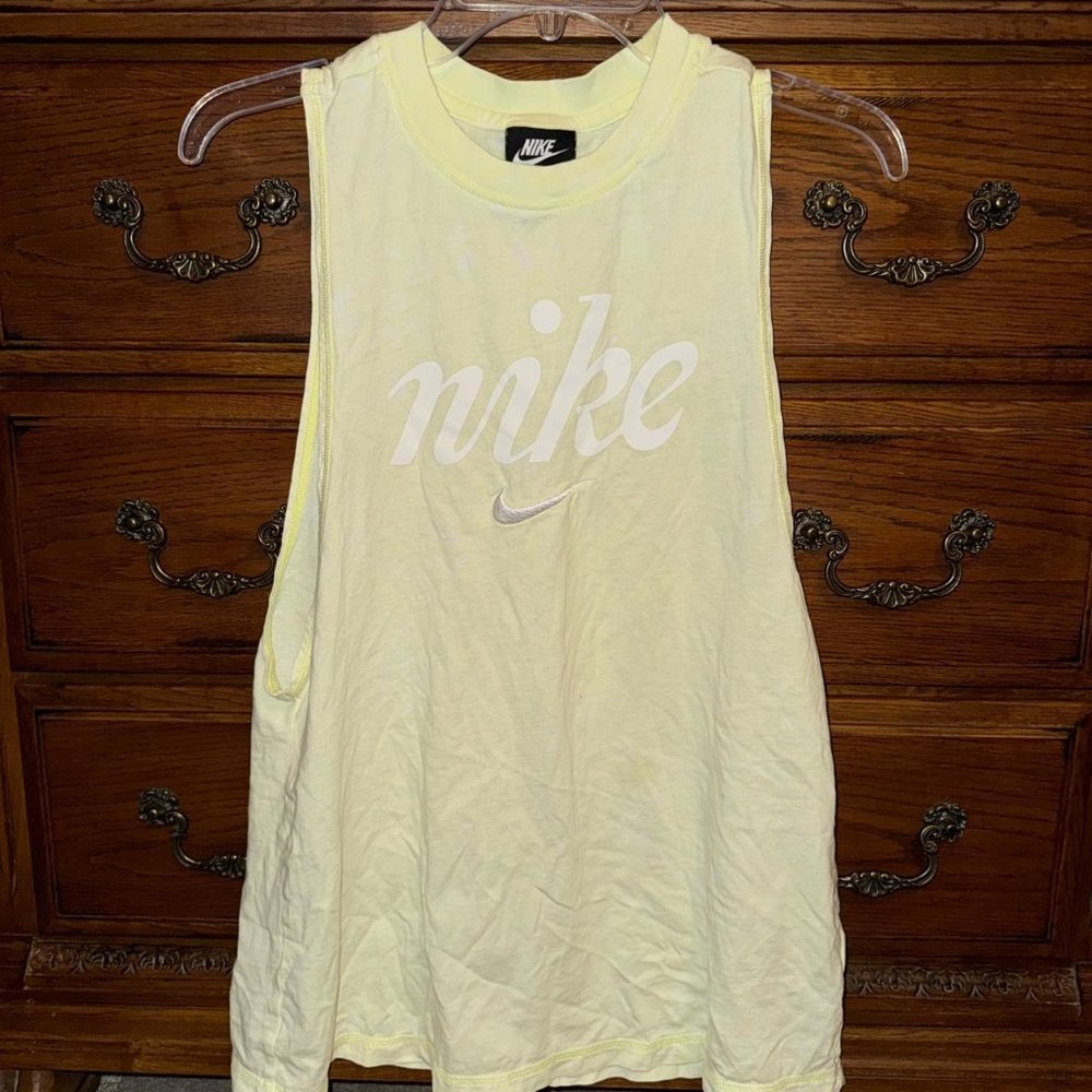 Nike Neon Yellow 100% Cotton Embroidered Logo Tank Top with Open Arm Holes
